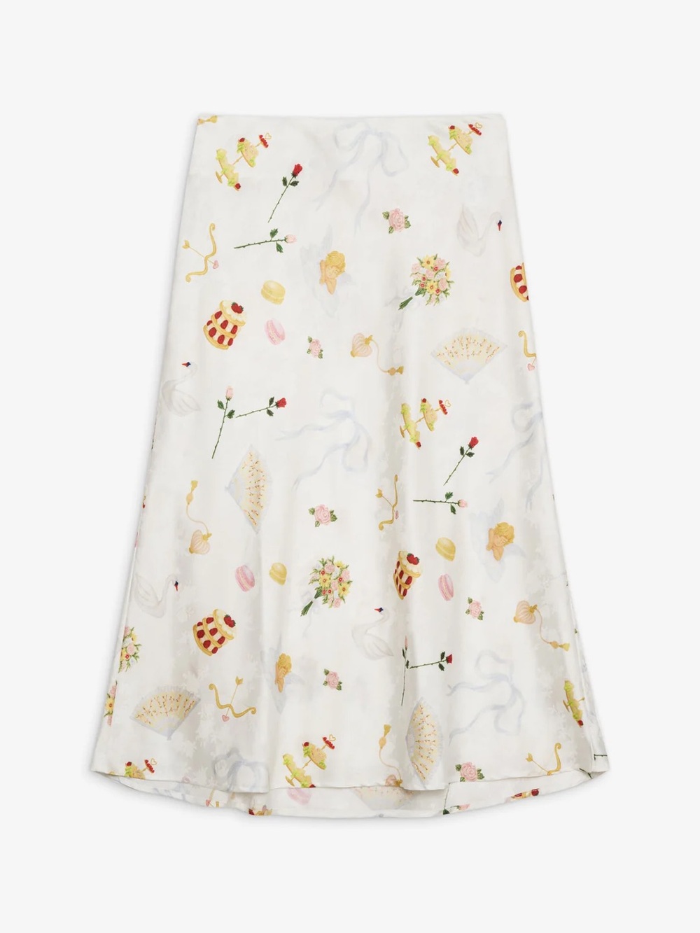 For Love & Lemons Charlise White A-Line Midi Skirt with Multicolor Floral Motifs